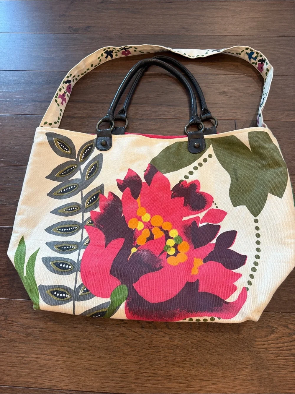 Neat Canvas Floral Tote Bag with Pink & Green Print With Leather Straps
